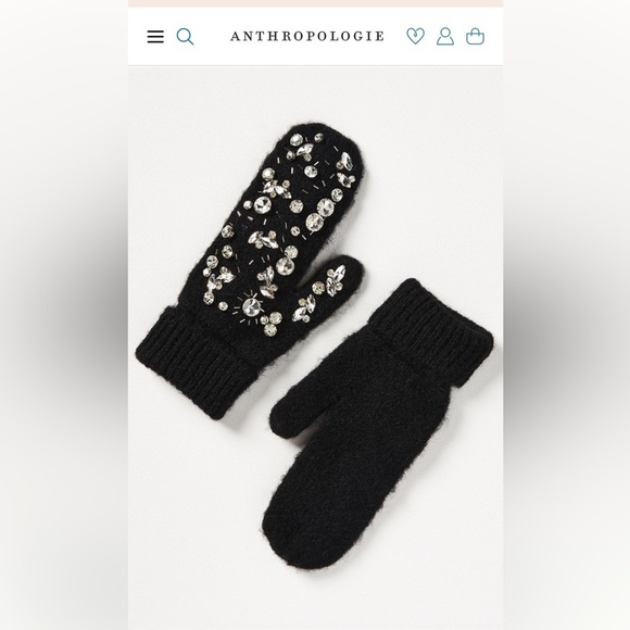 NWT new Anthropologie embellished cozy deco mittens gloves black rhinestones - Picture 1 of 14